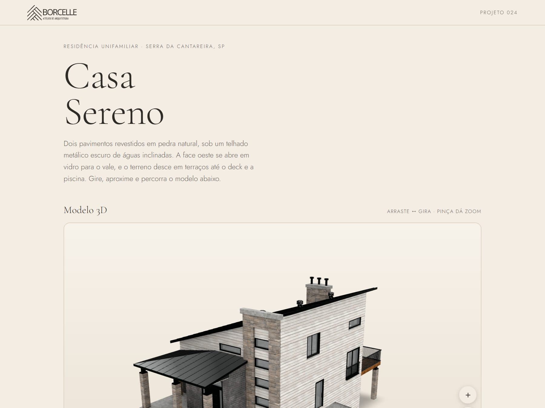 Casa Sereno page, showing the architecture project in 3D.
