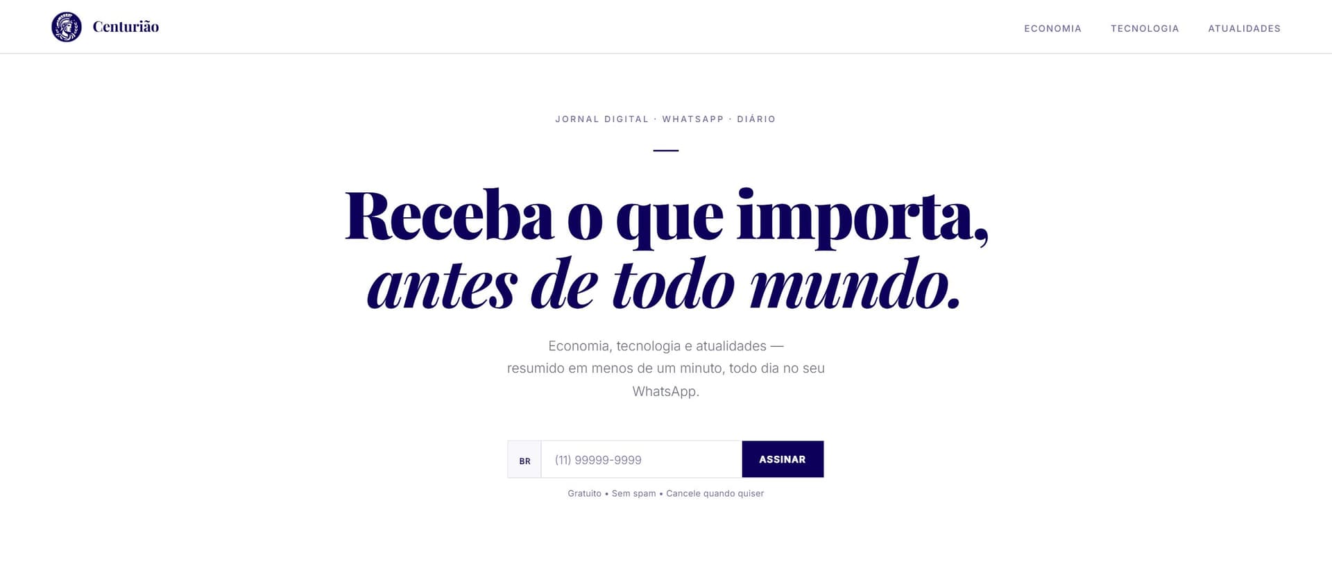 O Centurião landing page, shown in a browser.